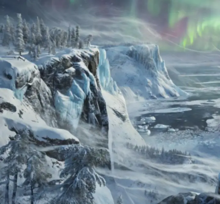 Adventurers traversing a stormy, aurora-lit frozen shore under dynamic weather conditions
