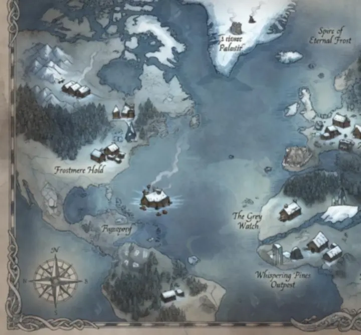 Stylized fantasy map of Eiriath showing frozen shores, forests, and ports.