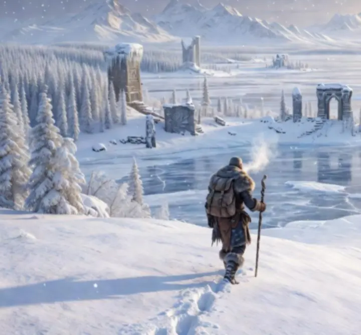 Explorer party crossing a snowy landscape in Frozen Shore: Tales of Auroria