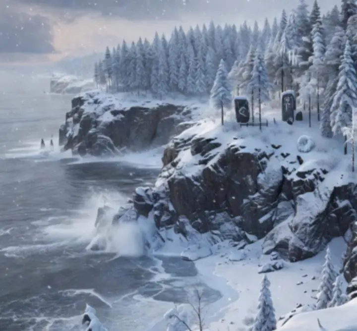 Dynamic icy landscape of Frostholm with auroras and ancient ruins