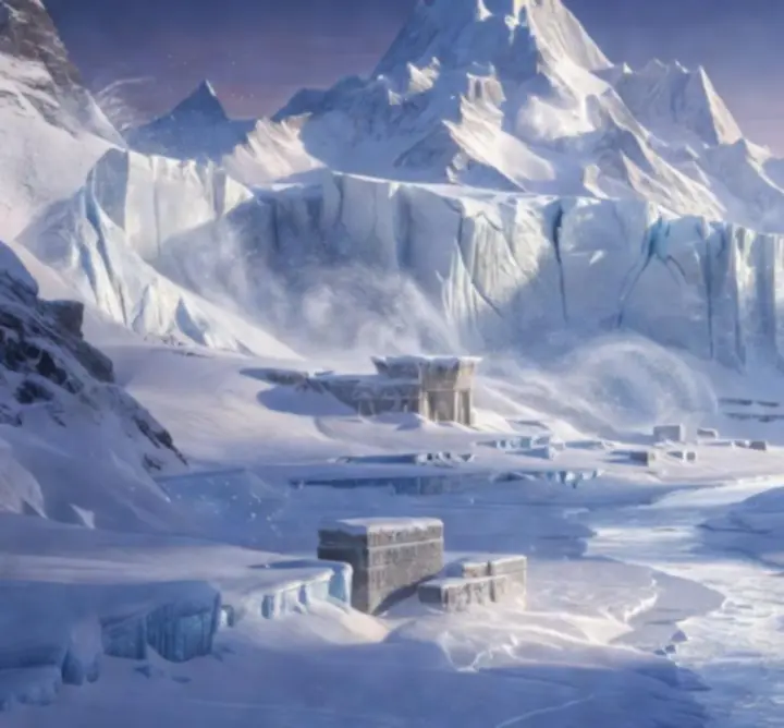 Frozen shoreline of Eiriath with jagged ice cliffs and distant aurora.