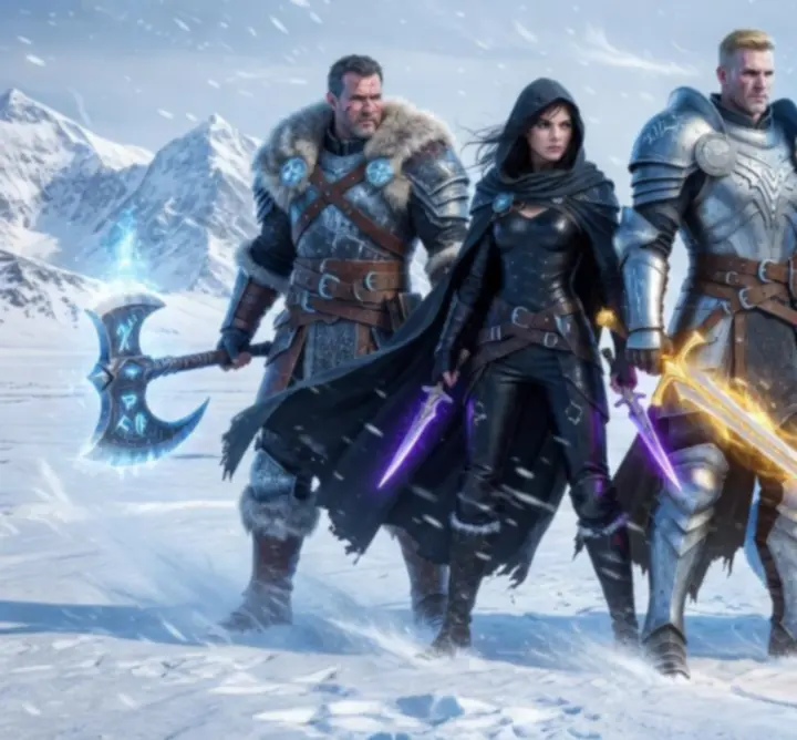 The five main heroes of Frosthaven standing against a frozen shoreline in Frozen Shore Tales