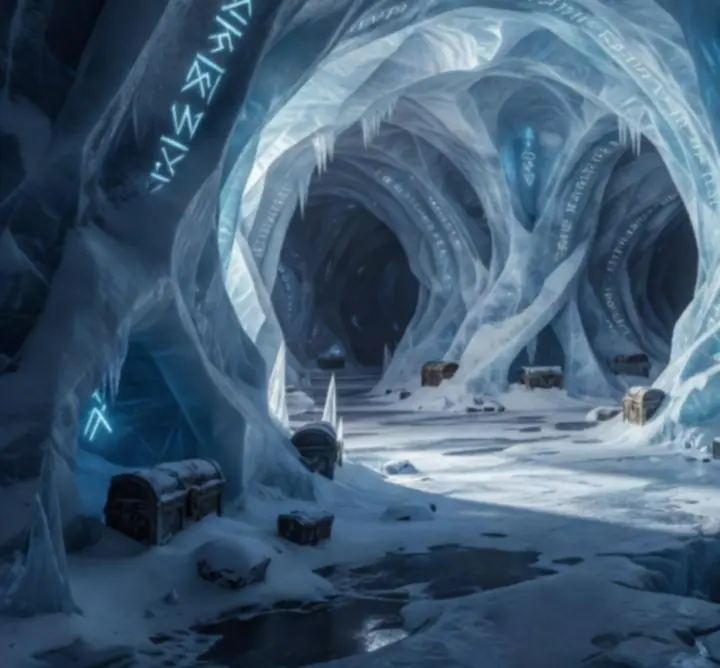 Adventurers exploring a glowing, procedurally generated ice cavern filled with traps and treasures
