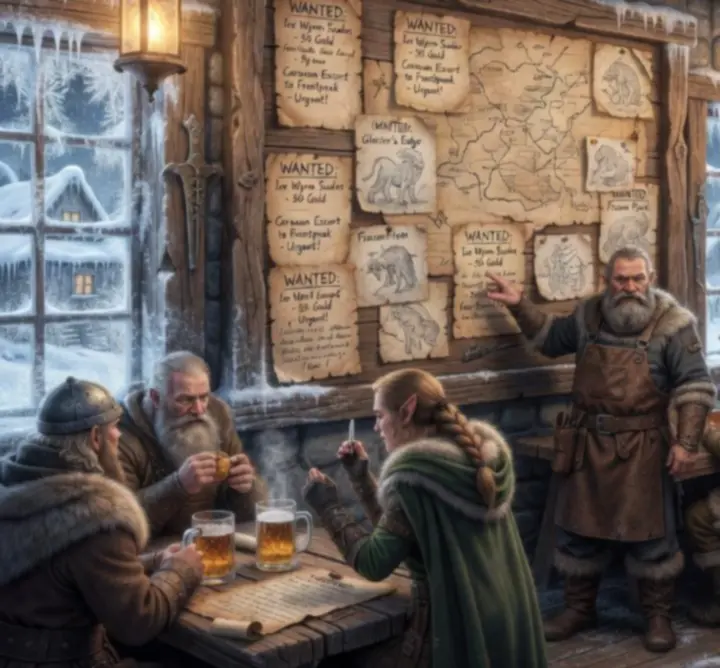 Quest board in an icy frontier town with pinned missions