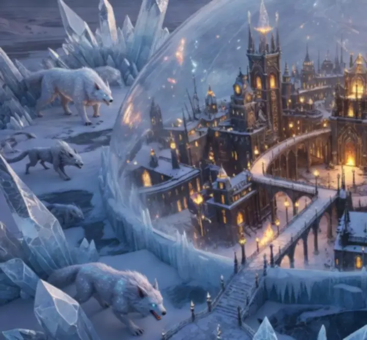 A submerged city encased within an ice dome, glowing beneath the frozen surface of the sea.